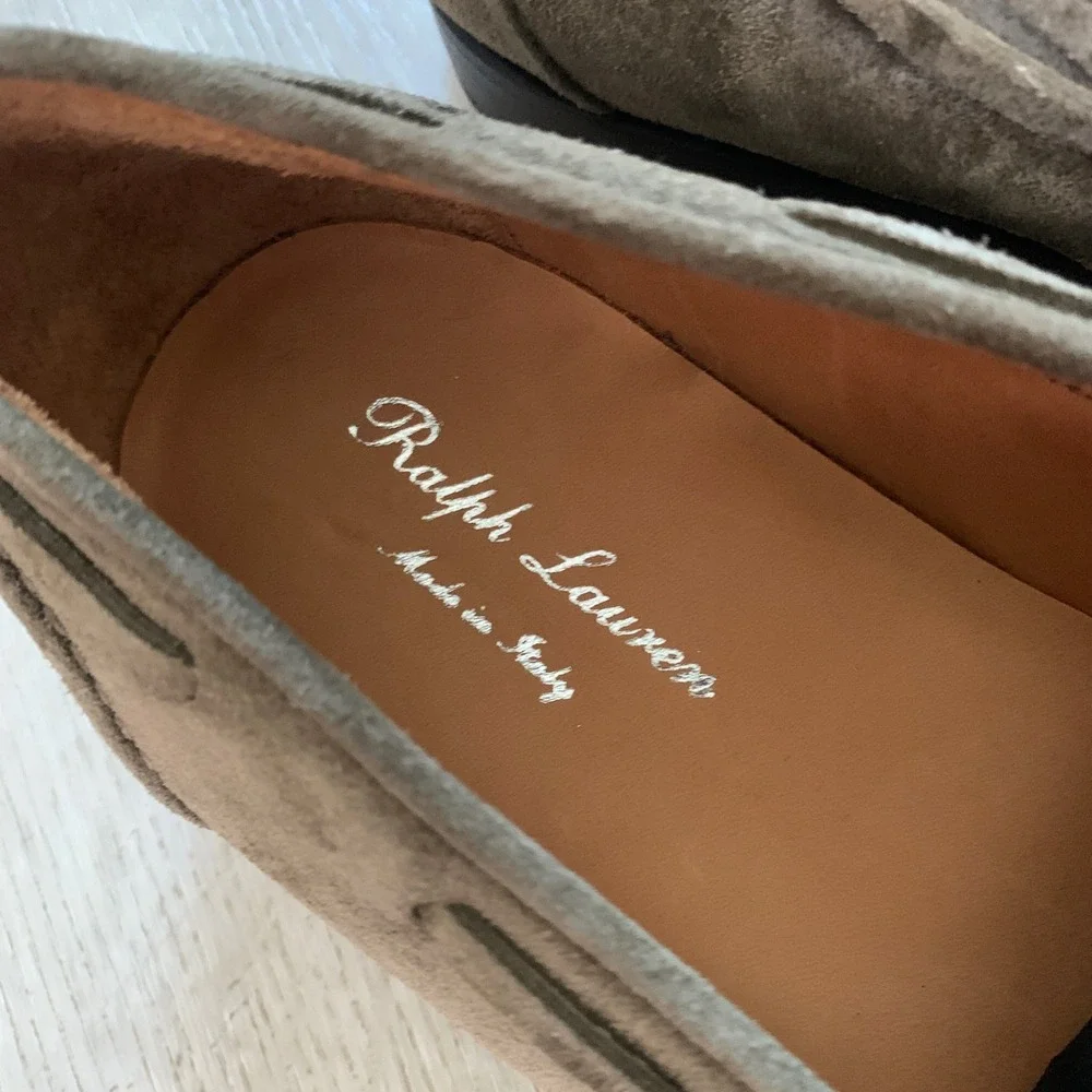 Ralph Lauren Purple Label Mens Suede Tassel Loafers Olive Taupe Italy 11.5 D